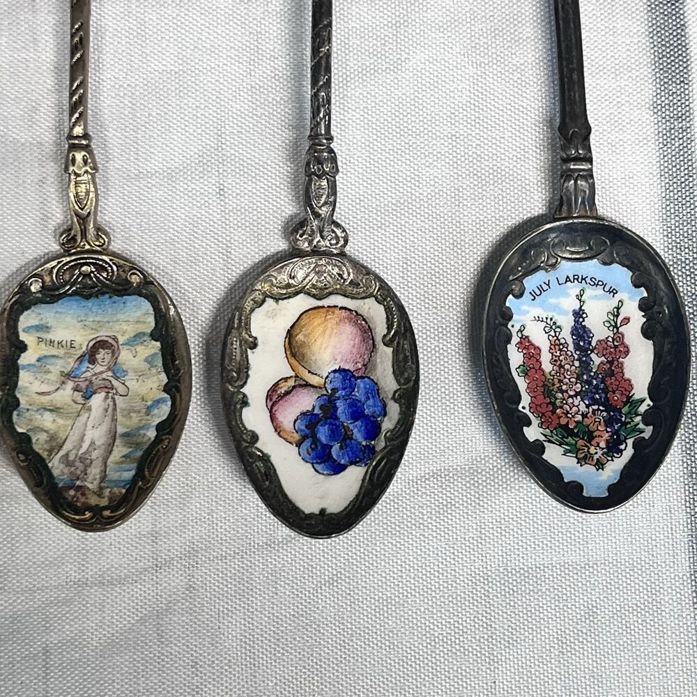 Vintage 6 pc Spoon Lot Czechoslovakia Cloisonné Enamel Floral Maidens (#25B) - Picture 6 of 12
